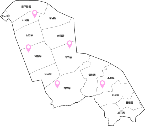 서울 강남구의 행정동 경계와 동 이름이 표시된 지도