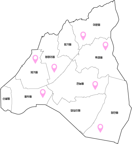 서울 동대문구의 행정동 경계와 동 이름이 표시된 지도