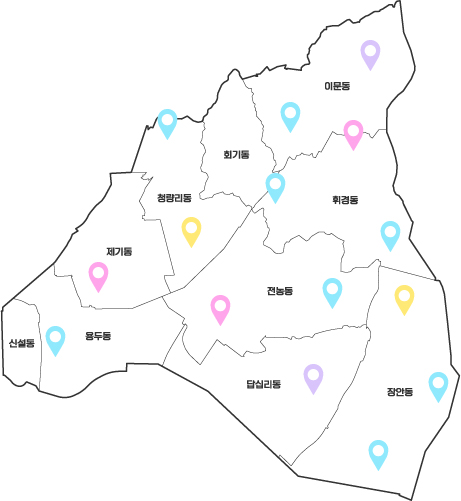 서울 동대문구의 행정동 경계와 동 이름이 표시된 지도