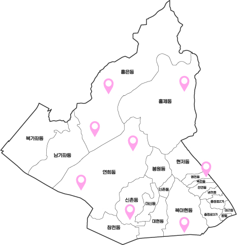 서울 서대문구의 행정동 경계와 동 이름이 표시된 지도