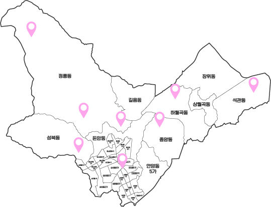 서울 성북구의 행정동 경계와 동 이름이 표시된 지도