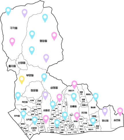 서울 종로구의 행정동 경계와 동 이름이 표시된 지도
